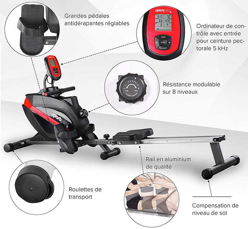 SportPlus - Rameur - Système de Freinage magnétique - Pliable et silencieux
